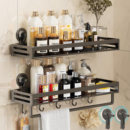 Suction Cup Shower Caddy with 5 Hooks & Towel Rrack 11.8inch Black