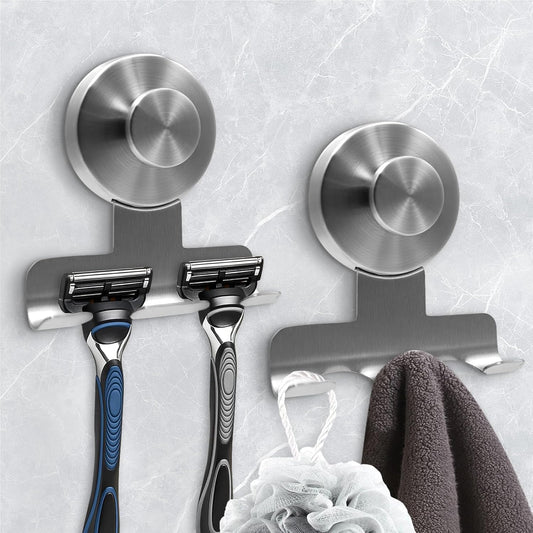 Suction Cup Razor Holder for Shower,Heavy-Duty 7KG Suction Hooks for Razor,Towel,Loofah,Removable Damage-Free Metal Shower Hook,Shaver Holder,2 Pack(Brushed Silver)