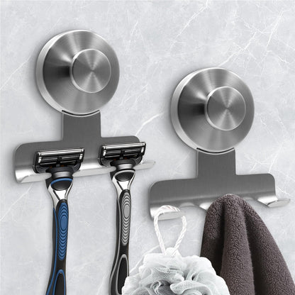 Suction Cup Razor Holder for Shower,Heavy-Duty 7KG Suction Hooks for Razor,Towel,Loofah,Removable Damage-Free Metal Shower Hook,Shaver Holder,2 Pack(Brushed Silver)
