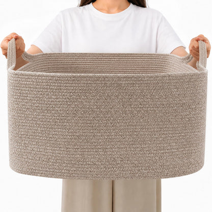 65L Laundry Basket with Handles, Woven Blanket Basket, White/Brown