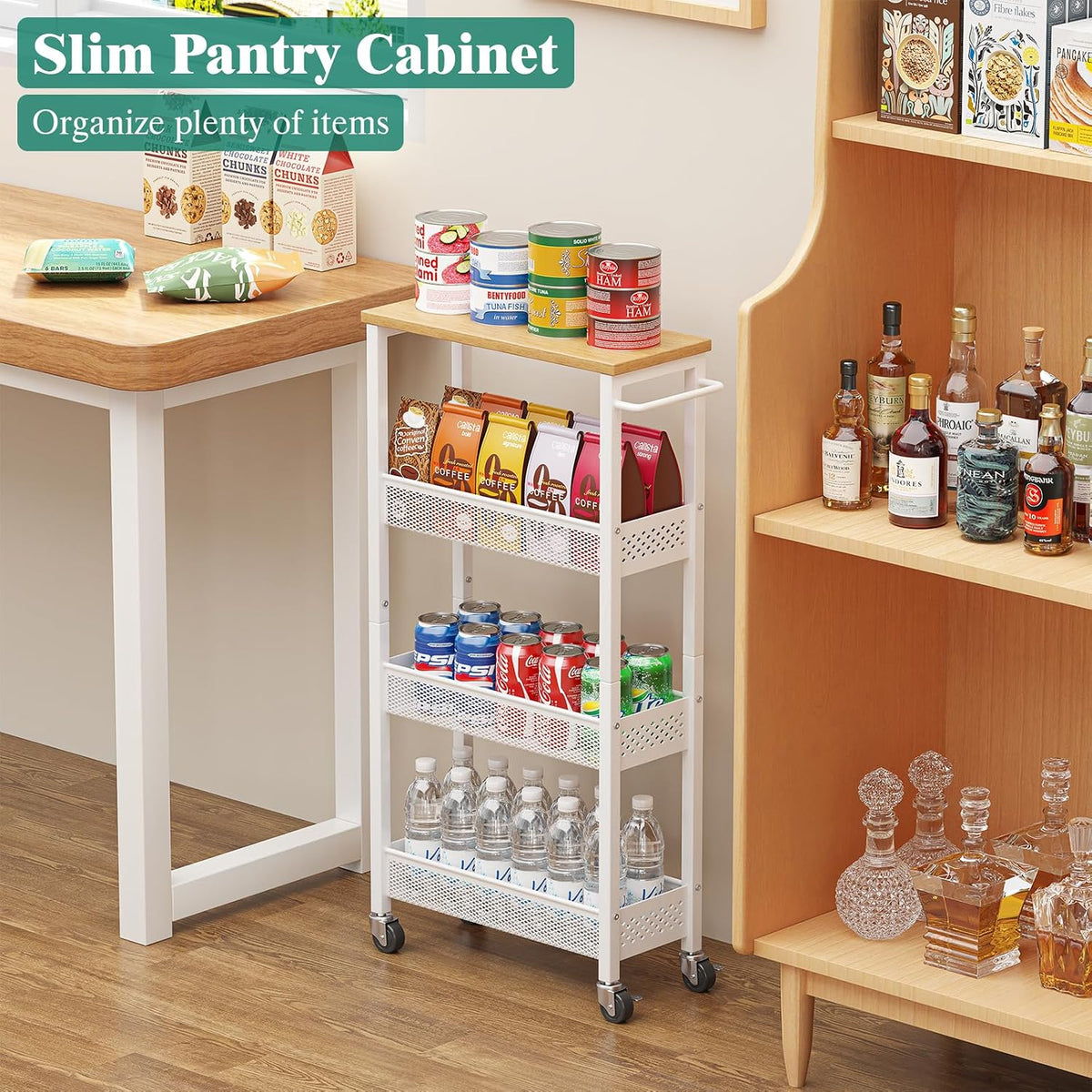 Giwil Slim Rolling Storage Cart 4 Tier Bathroom Organizer Mobile Shelving Unit Utility Cart with Wood Top and Handle for Kitchen Laundry Narrow Places, White