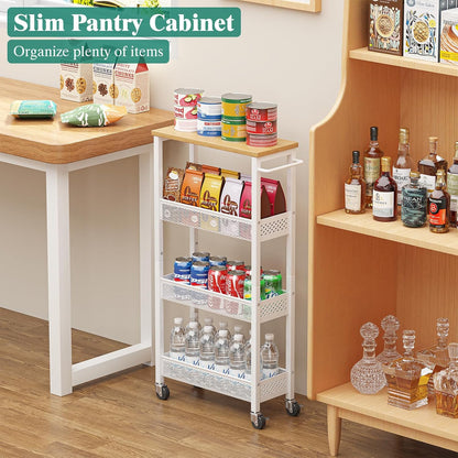 Giwil Slim Rolling Storage Cart 4 Tier Bathroom Organizer Mobile Shelving Unit Utility Cart with Wood Top and Handle for Kitchen Laundry Narrow Places, White
