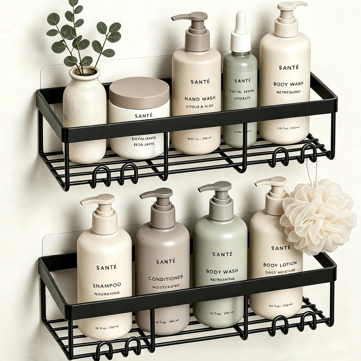 Moforoco Suction Cup Shower Caddy Shelf Organizer Rack, Black Bathroom Shelves Basket, Home Farmhouse Wall Inside Organization and Storage