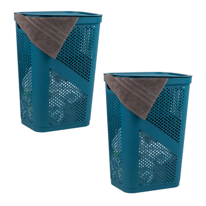 Mind Reader Slim Laundry Hamper with Lid, 60L Ventilated Clothes Baskets, Tapered Design for Bathrooms, Closets, Plastic, Set of 2, Black