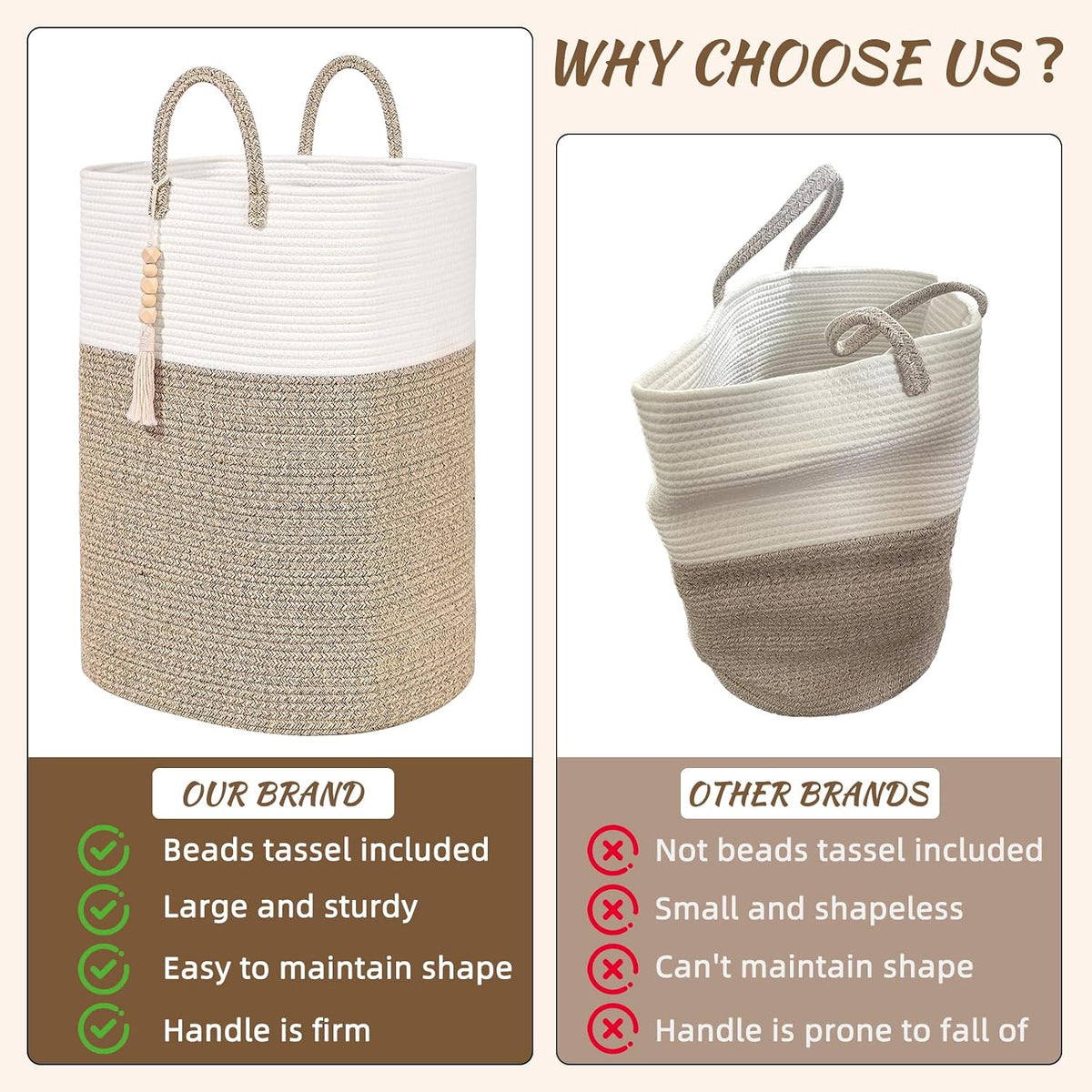 65L Woven Laundry Basket for Clothes, Large Rectangle Laundry Hampers with Beads Tassel, Nursery Storage Basket for Toys, Tall Dirty Clothes Hamper for Bedroom Aesthetic, Laundry Room Organization