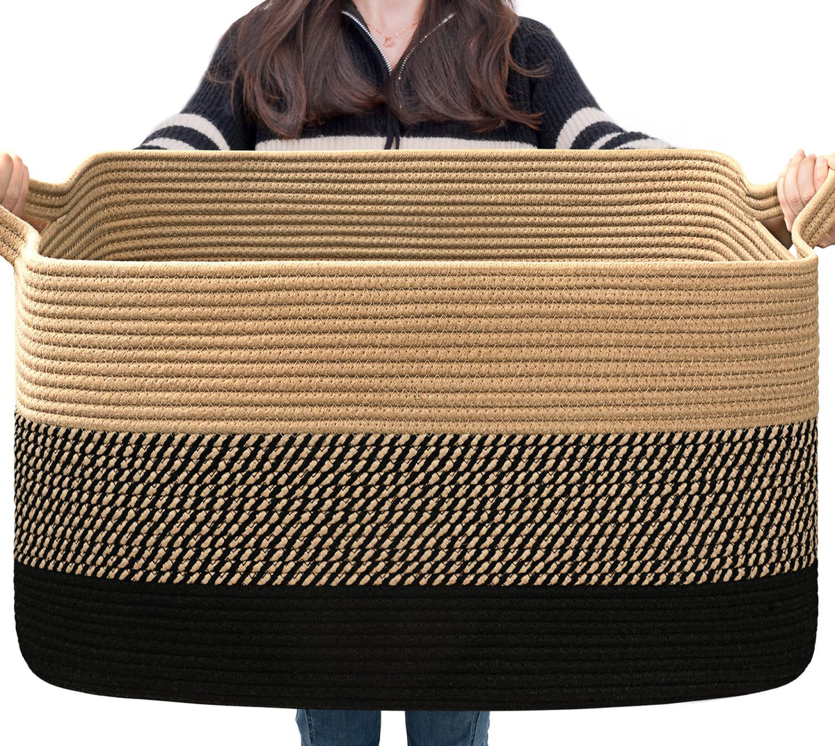 Goodpick Large Woven Rope Blanket Basket, Rectangle, Black, 75L
