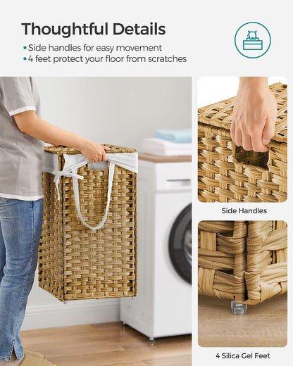 SONGMICS Laundry Hamper with Lid, 17.2 Gallon (65 L) Synthetic Rattan Clothes Laundry Basket with Lid and Handles, Foldable, Removable Liner, Goose Yellow ULCB165N01
