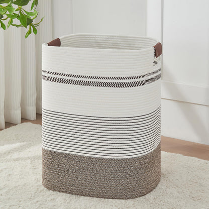 Large Laundry Hamper Basket, 85L Cotton Rope Woven Storage Bin for Blankets, Dirty Clothes Toys, Decorative Tall Basket with Leather Handles for Living Room, Bedroom, Bathroom, Nursery, Jute