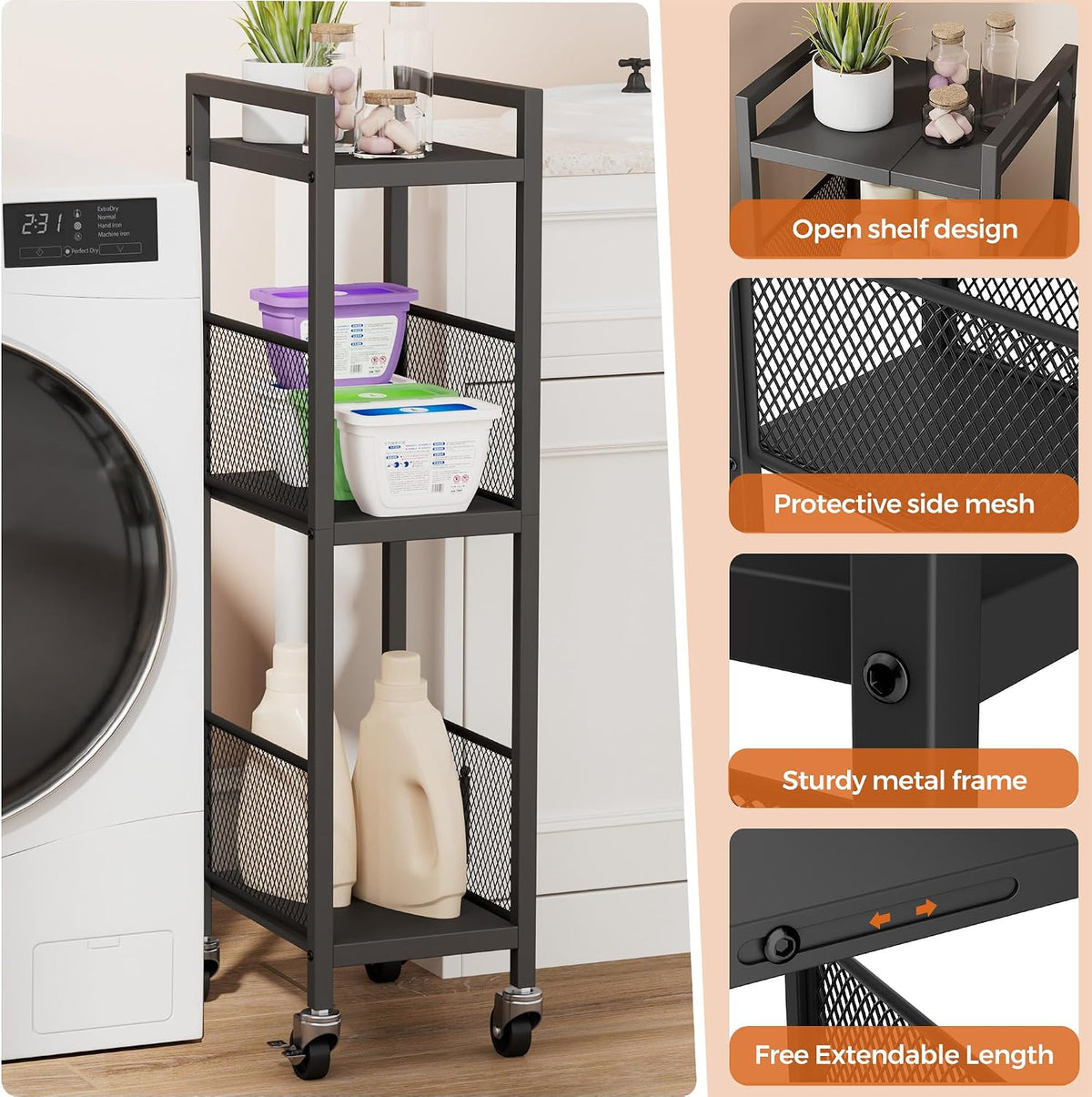 3-Tier Expandable Storage Shelving Unit,Slim Storage Cart,Metal