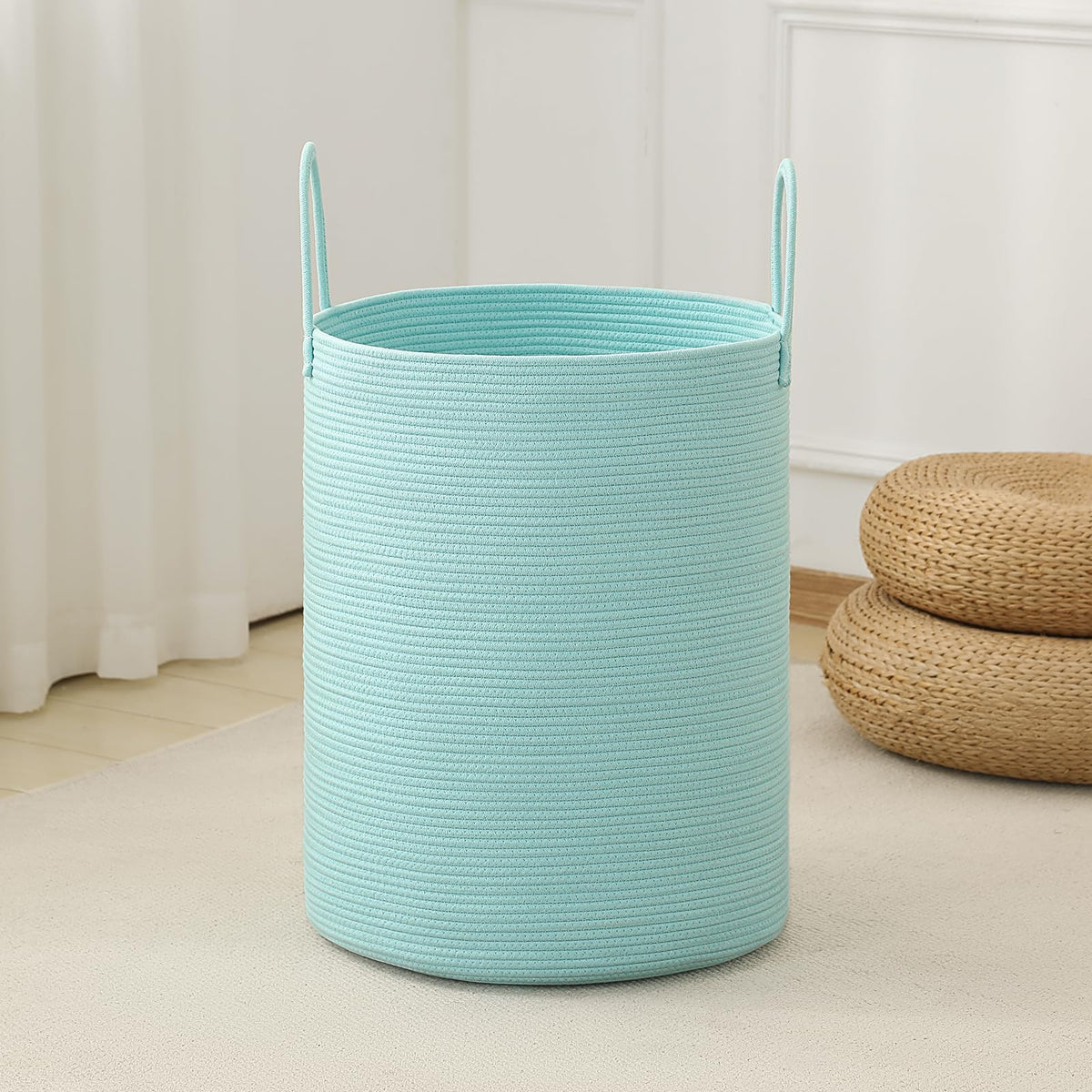 Laundry Basket Hamper Tall Rope Storage Woven for Blanket Toys Dirty Clothes in Living Room Bathroom Bedroom White & Brown 60L/15.8Gal