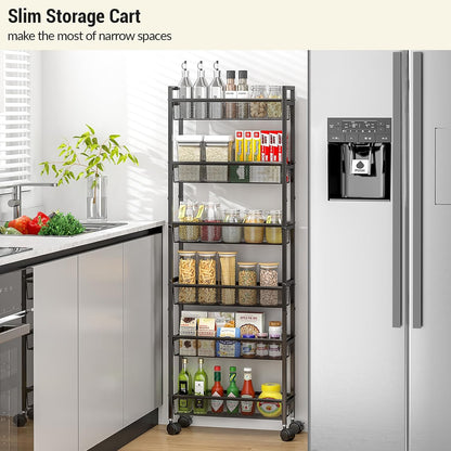 ThreeHio 6 Tier Slim Storage Cart, Narrow Cart with Wheels, Metal Mobile Shelving Unit Organizer for Kitchen, Bathroom, Laundry Room, Living Room & Narrow Spaces, Black, 6in(W)