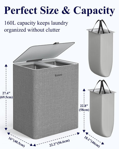 Kitsure Laundry Hamper with Lid 160L, 2-Compartment Sorter, Removable Bags
