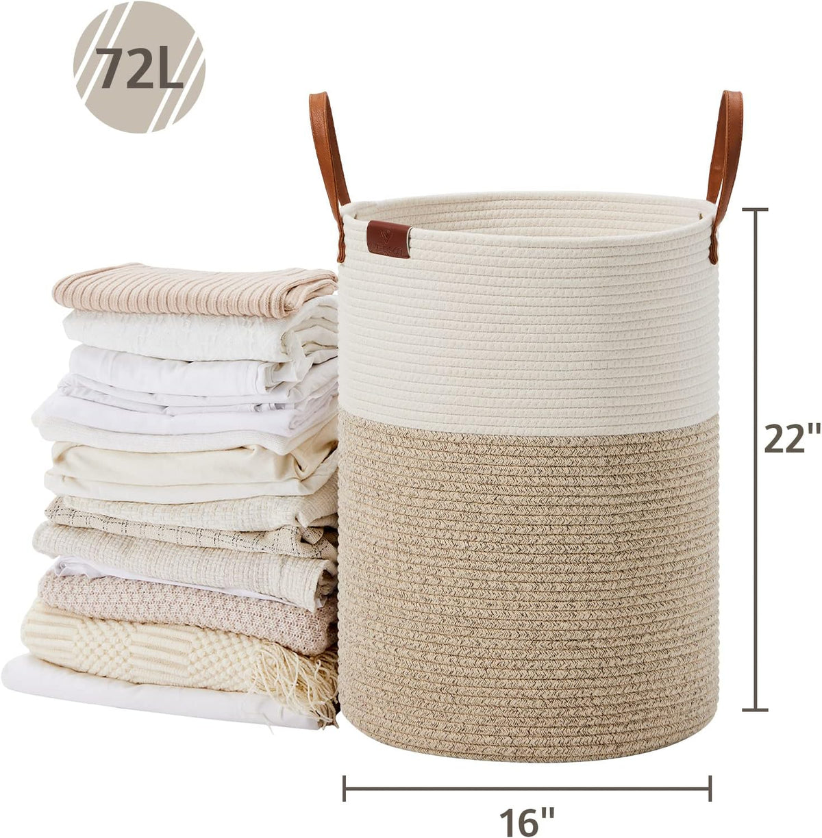 VIPOSCO 72L Tall Woven Rope Laundry Hamper, Leather Handles, White & Brown
