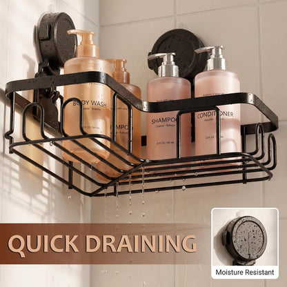 Moforoco Corner Shower Caddy Suction Cup, No Drilling Stainless Steel Shower Shelves, Portable/Movable Large Suction Cup Shower Organizer with Hooks Bathroom Storage Rack(Black)