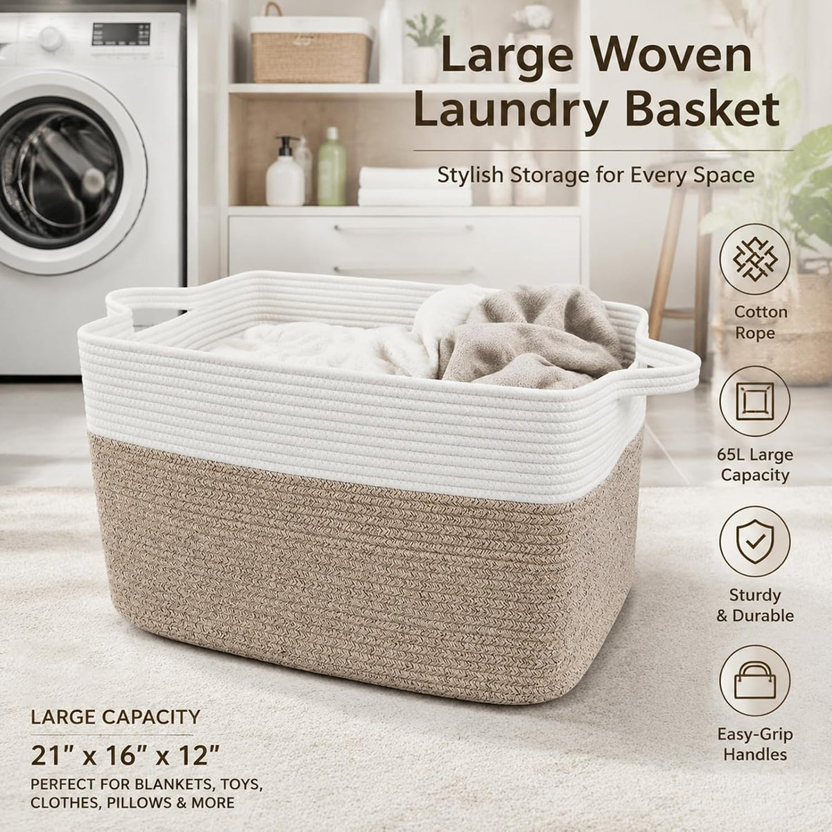 65L Laundry Basket with Handles, Woven Blanket Basket, White/Brown