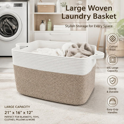 65L Laundry Basket with Handles, Woven Blanket Basket, White/Brown