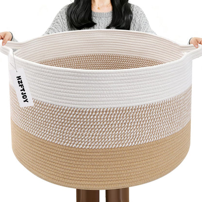Large Woven Blanket Basket,65L Cotton Rope Laundry Basket