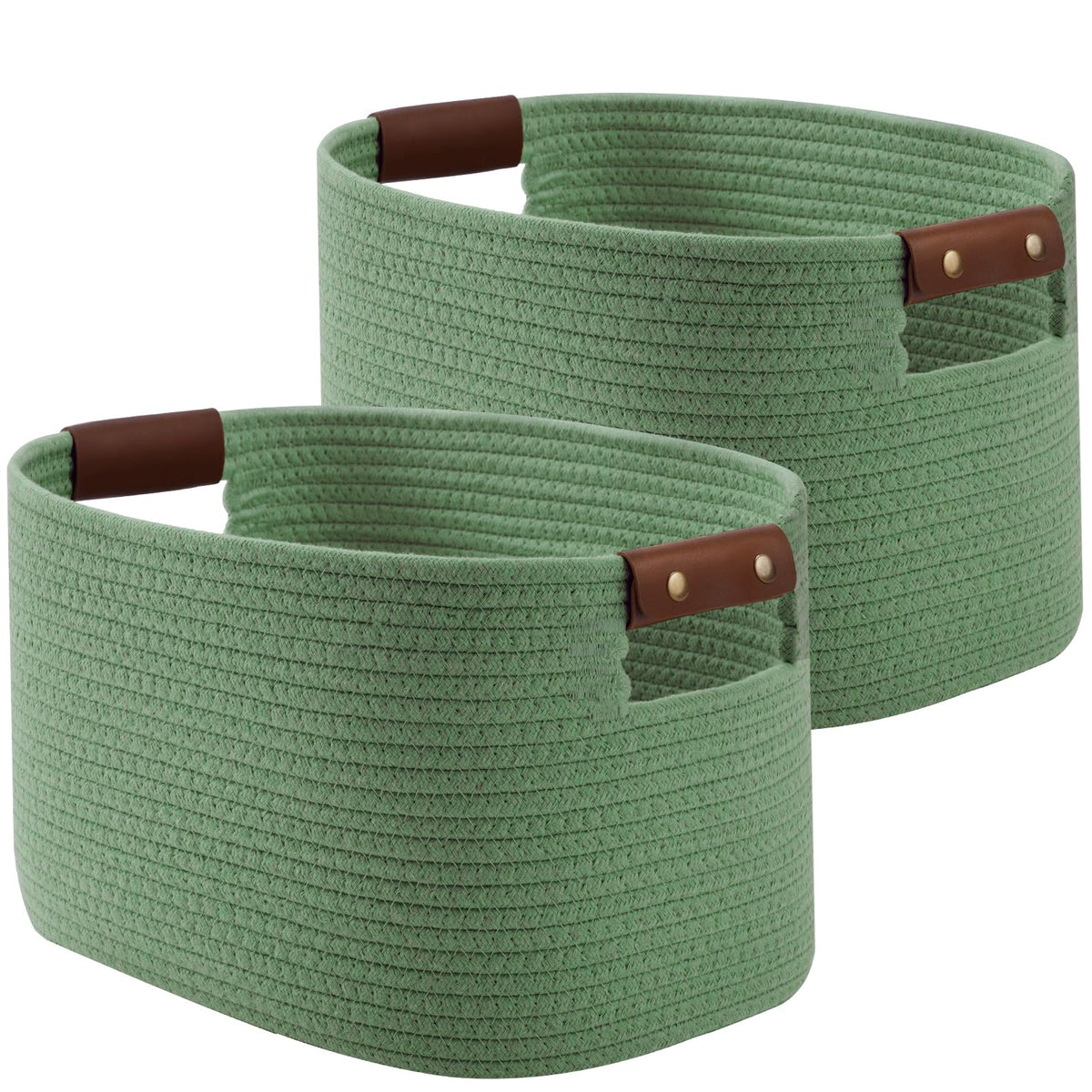 ECDYQXVU 15x10x9 Woven Cotton Rope Storage Basket, Leather Handles 1 Pack