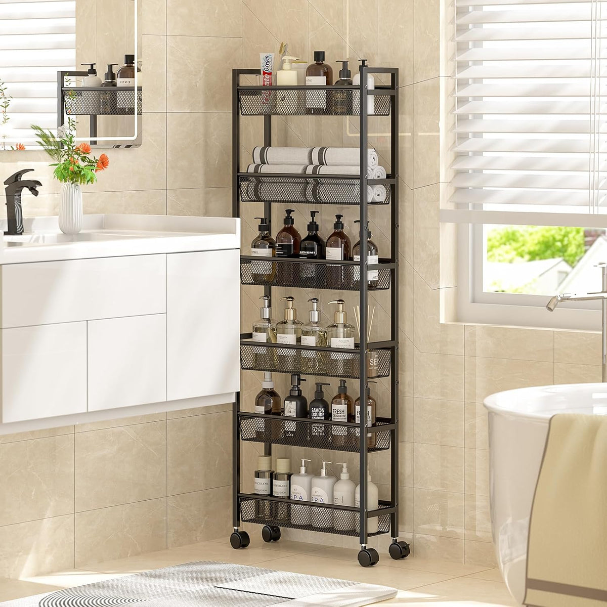 ThreeHio 6 Tier Slim Storage Cart, Narrow Cart with Wheels, Metal Mobile Shelving Unit Organizer for Kitchen, Bathroom, Laundry Room, Living Room & Narrow Spaces, Black, 6in(W)