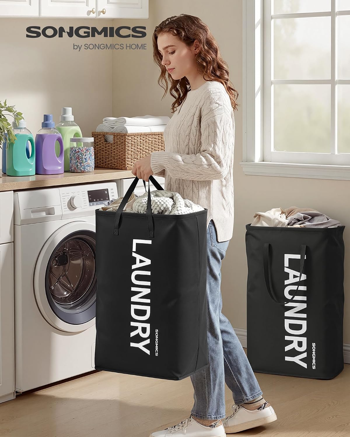 SONGMICS Laundry Hamper, 80L Foldable Basket, 2 Pack, Water-Repellent