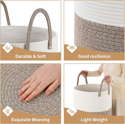 Laundry Basket Hamper Tall Rope Storage Woven for Blanket Toys Dirty Clothes in Living Room Bathroom Bedroom White & Brown 60L/15.8Gal