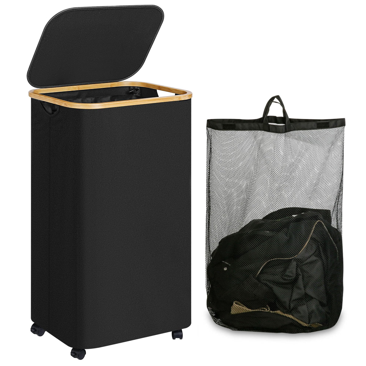 iEGrow 65L Slim Laundry Hamper, Narrow Laundry Basket with Lid,Foldable Clothes Hamper with Bamboo Handles,Hamper Basket with Removable Inner Bag for Laundry Room Bedroom College Dorm,17.17 Gals Pink