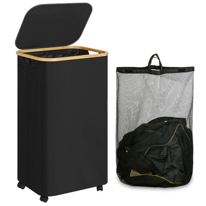 iEGrow 65L Slim Laundry Hamper, Narrow Laundry Basket with Lid,Foldable Clothes Hamper with Bamboo Handles,Hamper Basket with Removable Inner Bag for Laundry Room Bedroom College Dorm,17.17 Gals Pink
