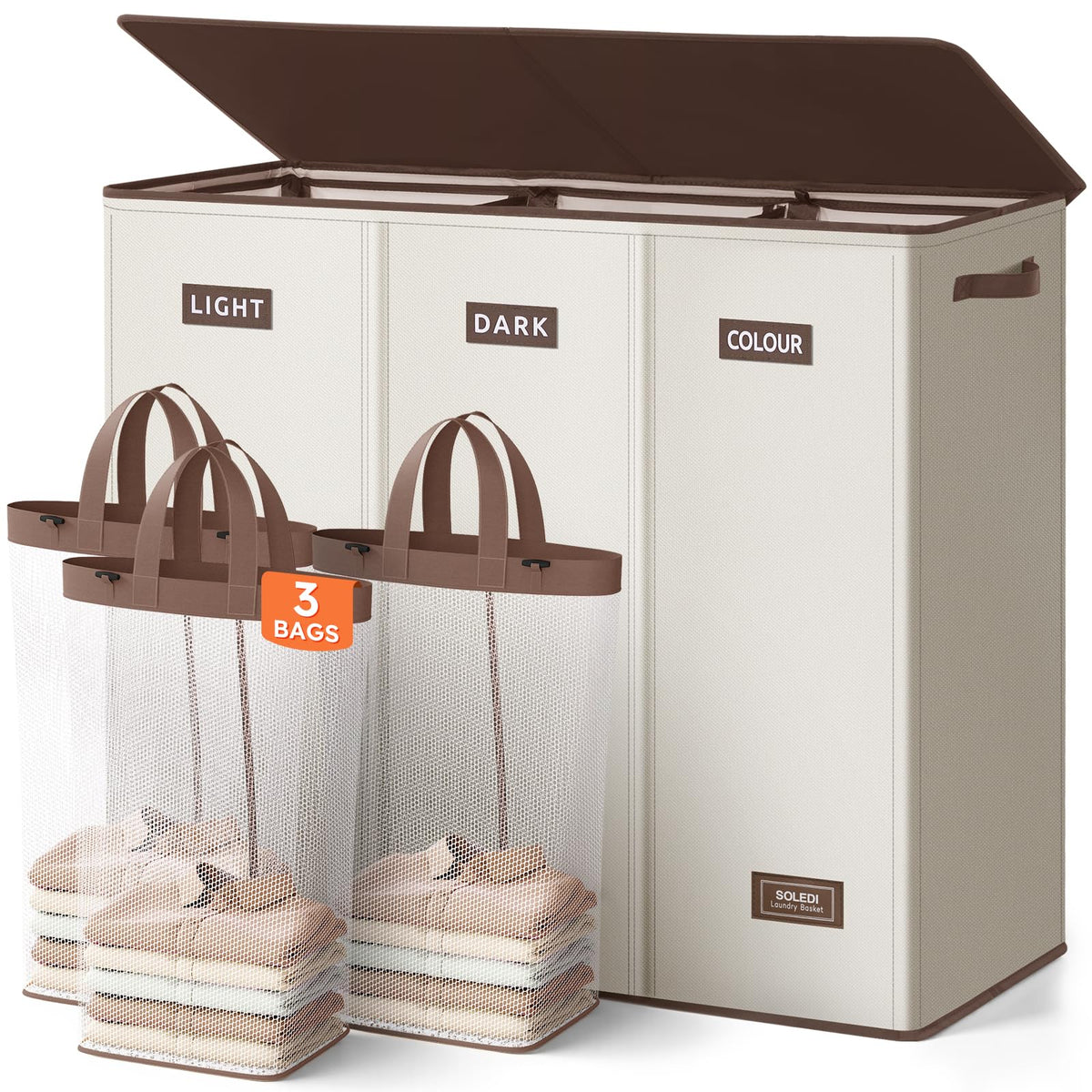 SOLEDI Large Laundry hamper 3 Section with Laundry Bag, XL Clothes Basket