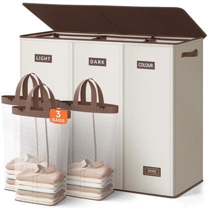 SOLEDI Large Laundry hamper 3 Section with Laundry Bag, XL Clothes Basket
