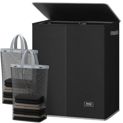 SOLEDI Luxury Double Laundry Hamper with Lid and Removable Bags, 38.3 Gal Large Laundry Bin, Laundry Basket 2 Sections, Collapsible Clothes Hamper for Bedroom, Laundry Room, Bathroom, Off-white