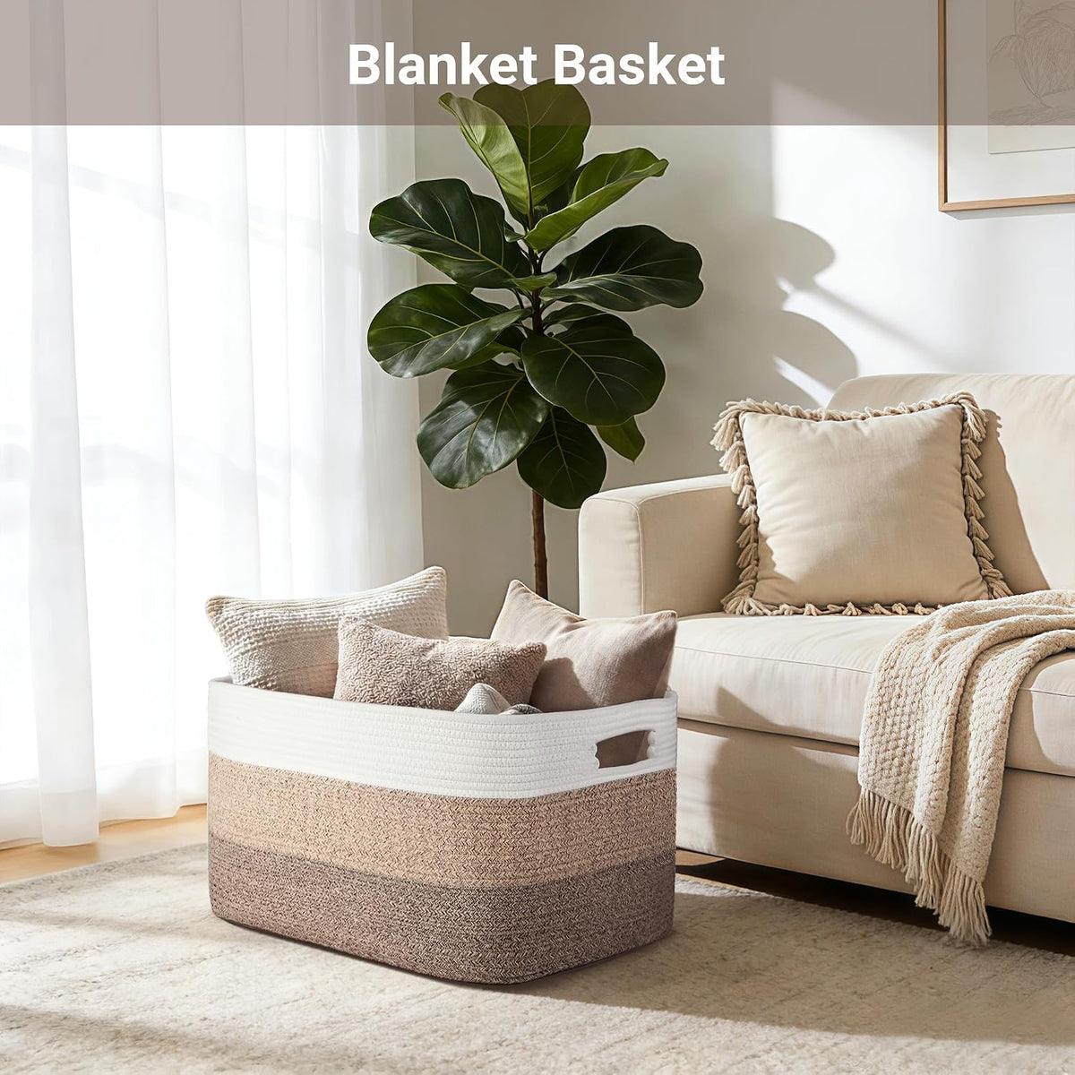 75L Blanket Basket Laundry Basket Hamper Brown/White,22"x17"x12"