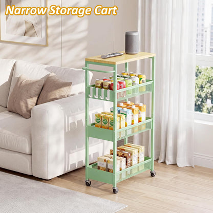 9.1" Wide Slim Rolling Utility Cart, 4 Tier Metal Narrow Storage Cart with Handle and Wood Top, Multifunctional Small Mobile Shelf Unit Organizer Trolley for Laundry, Bathroom, Kitchen