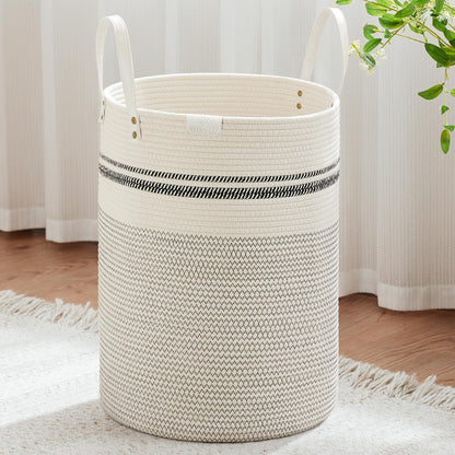 VIPOSCO 72L Tall Woven Rope Laundry Hamper, Leather Handles, White & Brown