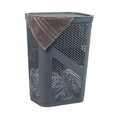 Mind Reader Slim Laundry Hamper with Lid, 60L Ventilated Clothes Baskets, Tapered Design for Bathrooms, Closets, Plastic, Set of 2, Black
