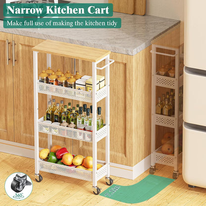 Giwil Slim Rolling Storage Cart 4 Tier Bathroom Organizer Mobile Shelving Unit Utility Cart with Wood Top and Handle for Kitchen Laundry Narrow Places, White