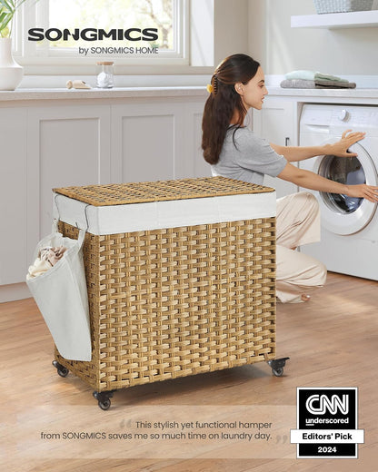 SONGMICS Rolling Laundry Hamper with Lid, 140 L Synthetic Rattan