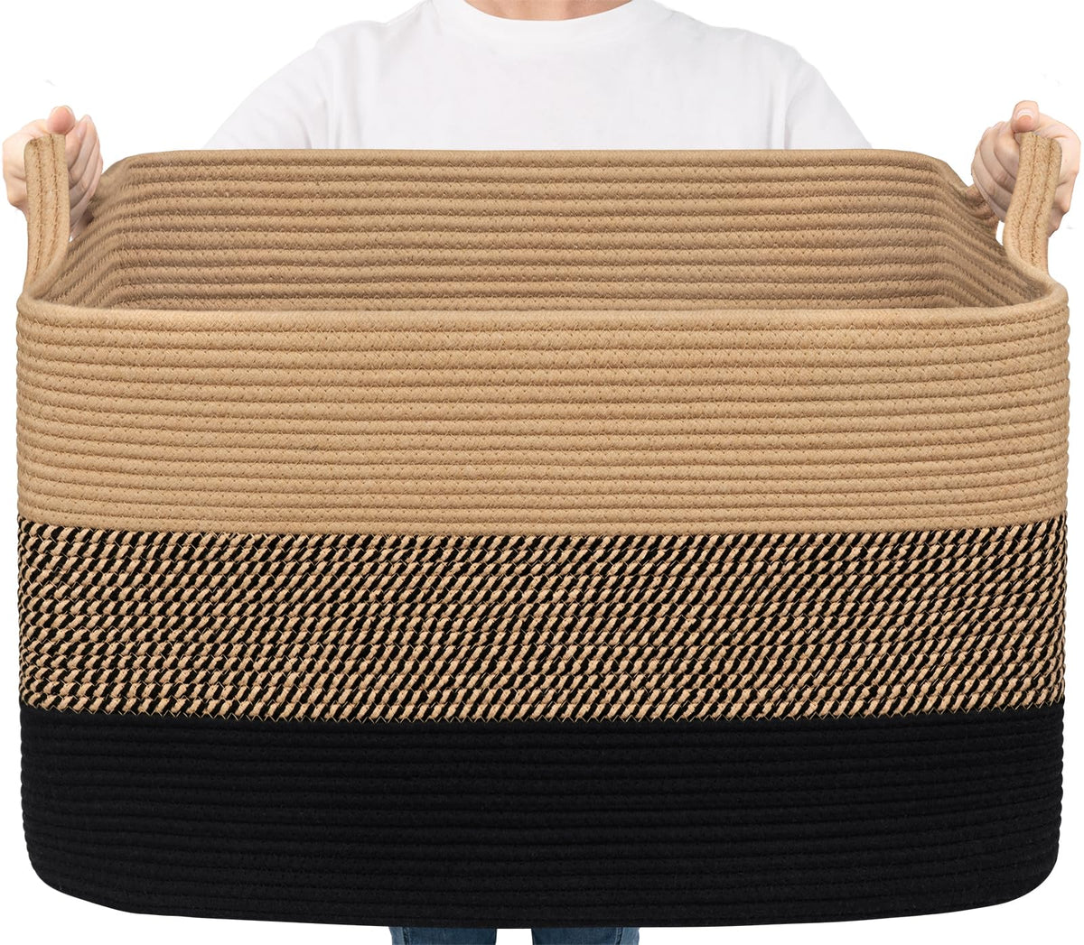 Goodpick Large Woven Rope Blanket Basket, Rectangle, Black, 75L
