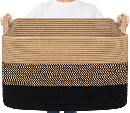 Goodpick Large Woven Rope Blanket Basket, Rectangle, Black, 75L