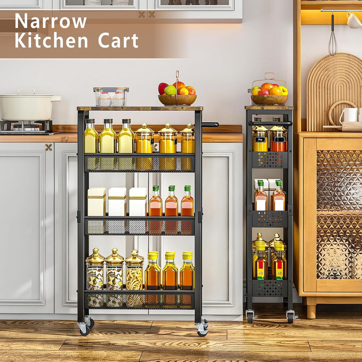 Slim Storage Cart with Wheels, 4 Tier Metal Rolling Organizer with Wood Top and Handle, Narrow Utility Shelf for Kitchen Bathroom Laundry Room, Black