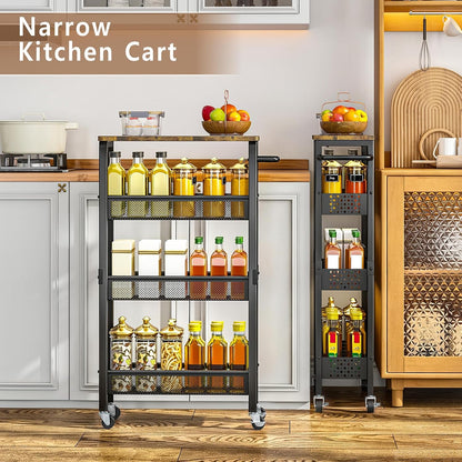 Slim Storage Cart with Wheels, 4 Tier Metal Rolling Organizer with Wood Top and Handle, Narrow Utility Shelf for Kitchen Bathroom Laundry Room, Black
