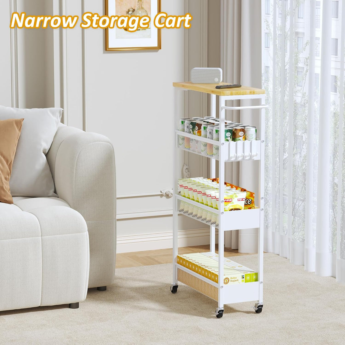 7.1" Wide Slim Storage Cart on Wheels, 4 Tier Metal Narrow Rolling Cart with Handle and Wood Top, Multifunctional Small Mobile Shelf Unit Organizer Trolley for Laundry, Bathroom, Kitchen