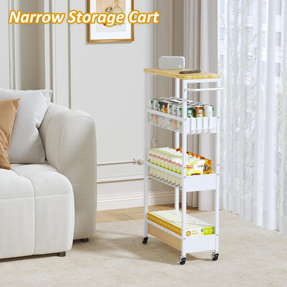 7.1" Wide Slim Storage Cart on Wheels, 4 Tier Metal Narrow Rolling Cart with Handle and Wood Top, Multifunctional Small Mobile Shelf Unit Organizer Trolley for Laundry, Bathroom, Kitchen