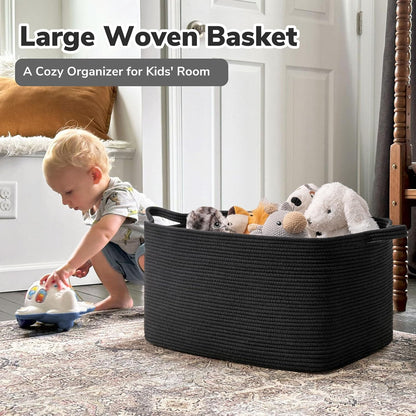Goodpick Large Woven Rope Blanket Basket, Rectangle, Black, 75L