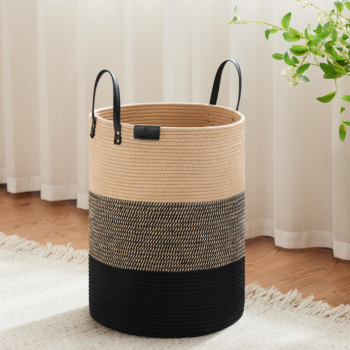 VIPOSCO 72L Tall Woven Rope Laundry Hamper, Leather Handles, White & Brown