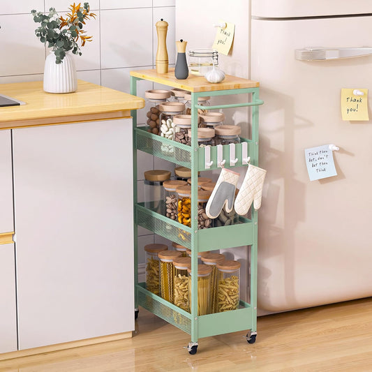 9.1" Wide Slim Rolling Utility Cart, 4 Tier Metal Narrow Storage Cart with Handle and Wood Top, Multifunctional Small Mobile Shelf Unit Organizer Trolley for Laundry, Bathroom, Kitchen