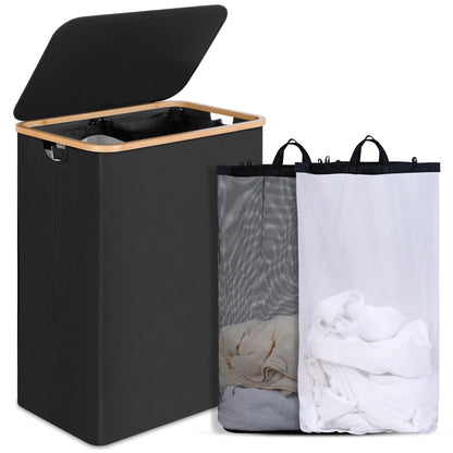 efluky Slim Laundry Basket with Lid, Narrow Laundry Hamper with Removable Bag, Skinny Dirty Clothes Basket with Bamboo Handles for Bathroom, Bedroom & Laundry Room, 75L Beige