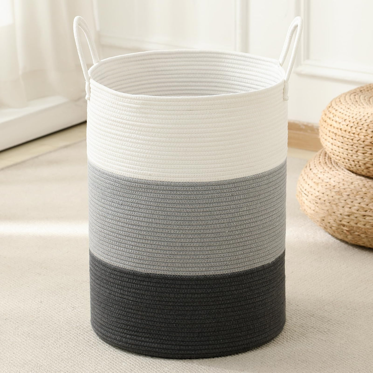 Laundry Basket Hamper Tall Rope Storage Woven for Blanket Toys Dirty Clothes in Living Room Bathroom Bedroom White & Brown 60L/15.8Gal