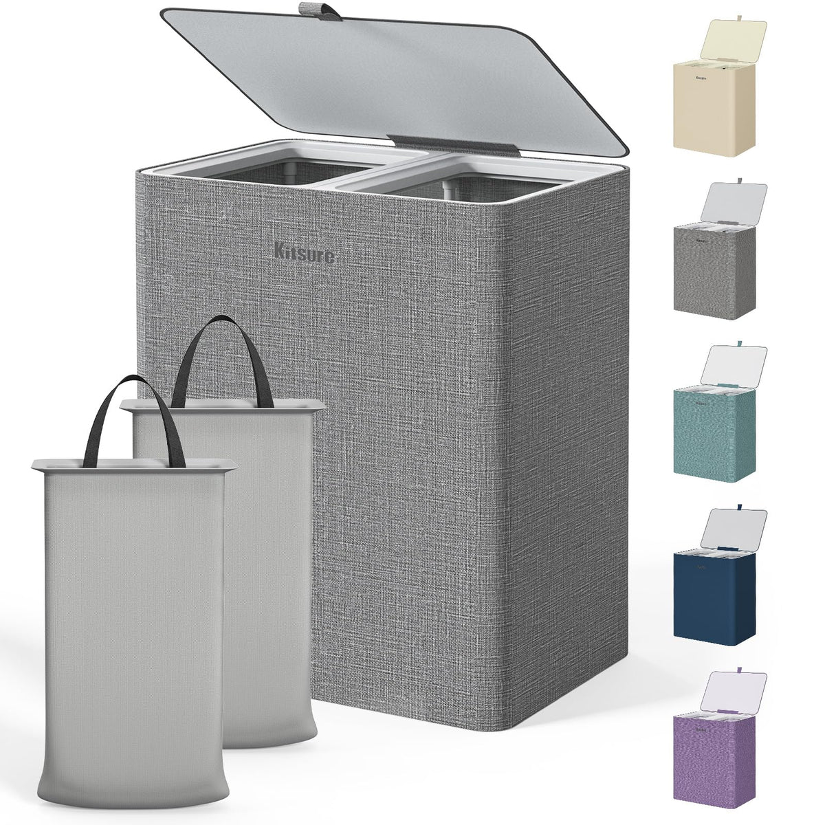 Kitsure Laundry Hamper with Lid 160L, 2-Compartment Sorter, Removable Bags