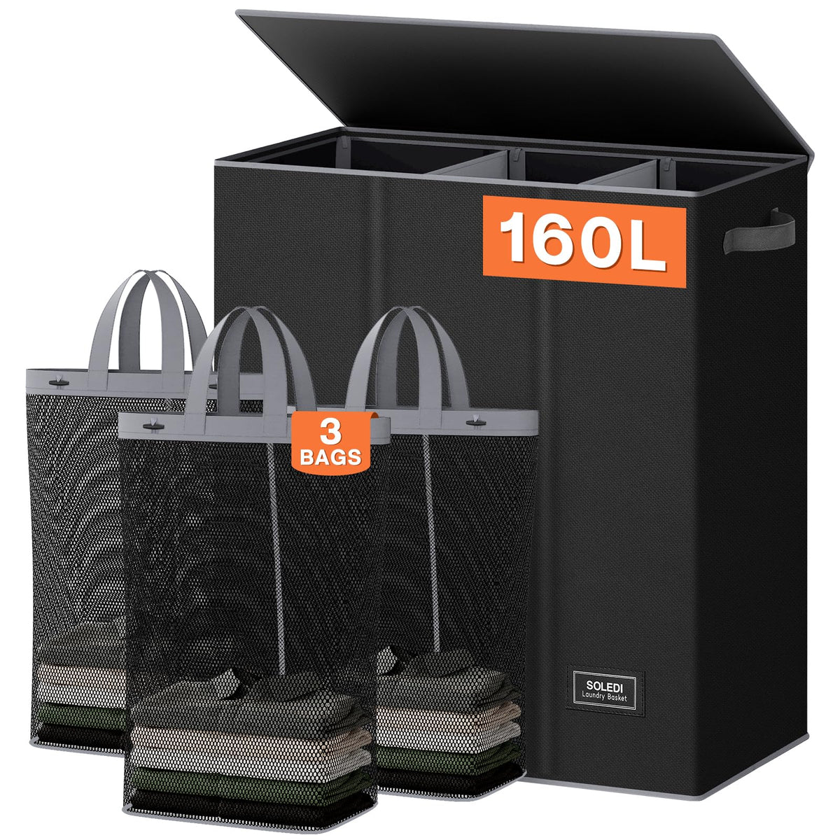 SOLEDI Large Laundry hamper 3 Section with Laundry Bag, XL Clothes Basket