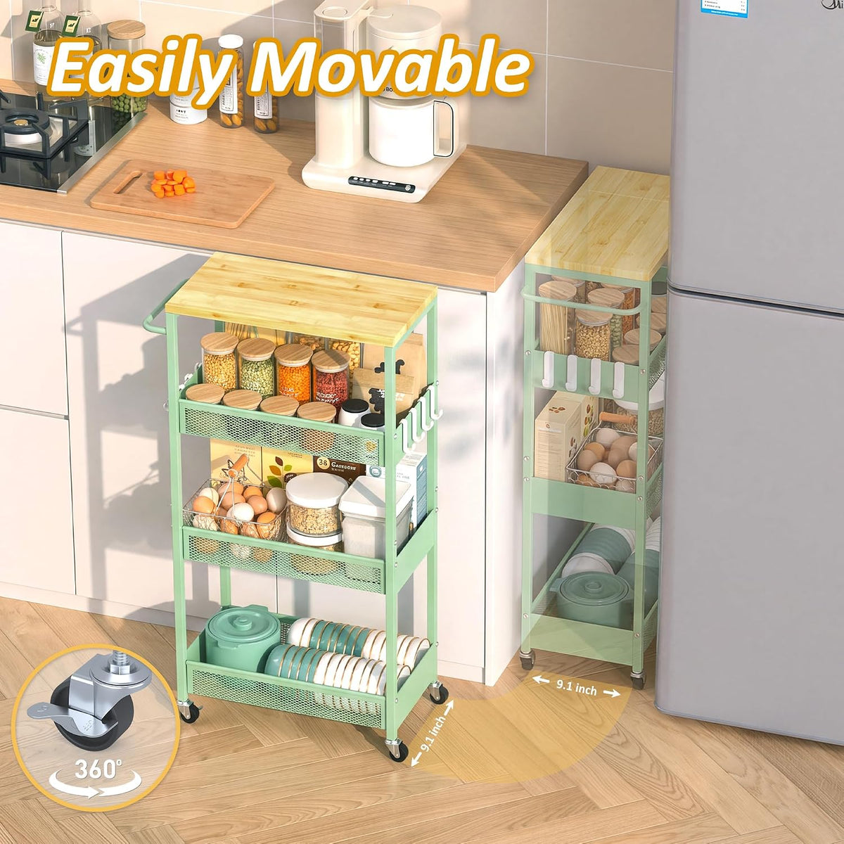 9.1" Wide Slim Rolling Utility Cart, 4 Tier Metal Narrow Storage Cart with Handle and Wood Top, Multifunctional Small Mobile Shelf Unit Organizer Trolley for Laundry, Bathroom, Kitchen